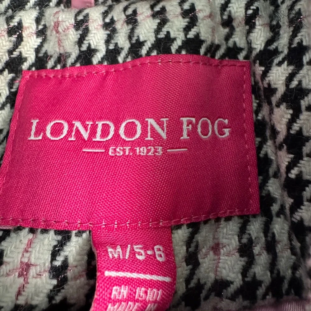 London Fog Girls Houndstooth Pea Coat Faux Fur Hood Pink Lining Size M 5-6
